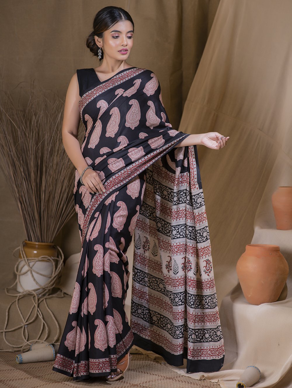 Load image into Gallery viewer, Soft &amp; Flowing Bagru Block Printed Modal Silk Saree - Black Ambi (With Blouse Piece)