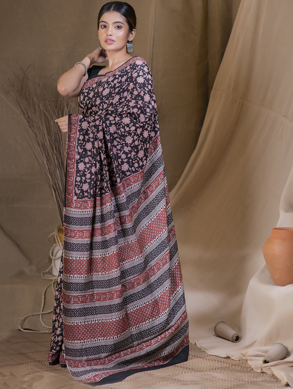 Load image into Gallery viewer, Soft &amp; Flowing  Bagru Block Printed Modal Silk Saree - Floral Garden (With Blouse Piece)