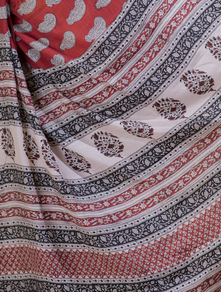 Soft & Flowing Bagru Block Printed Modal Silk Saree - Red Ambi (With Blouse Piece)