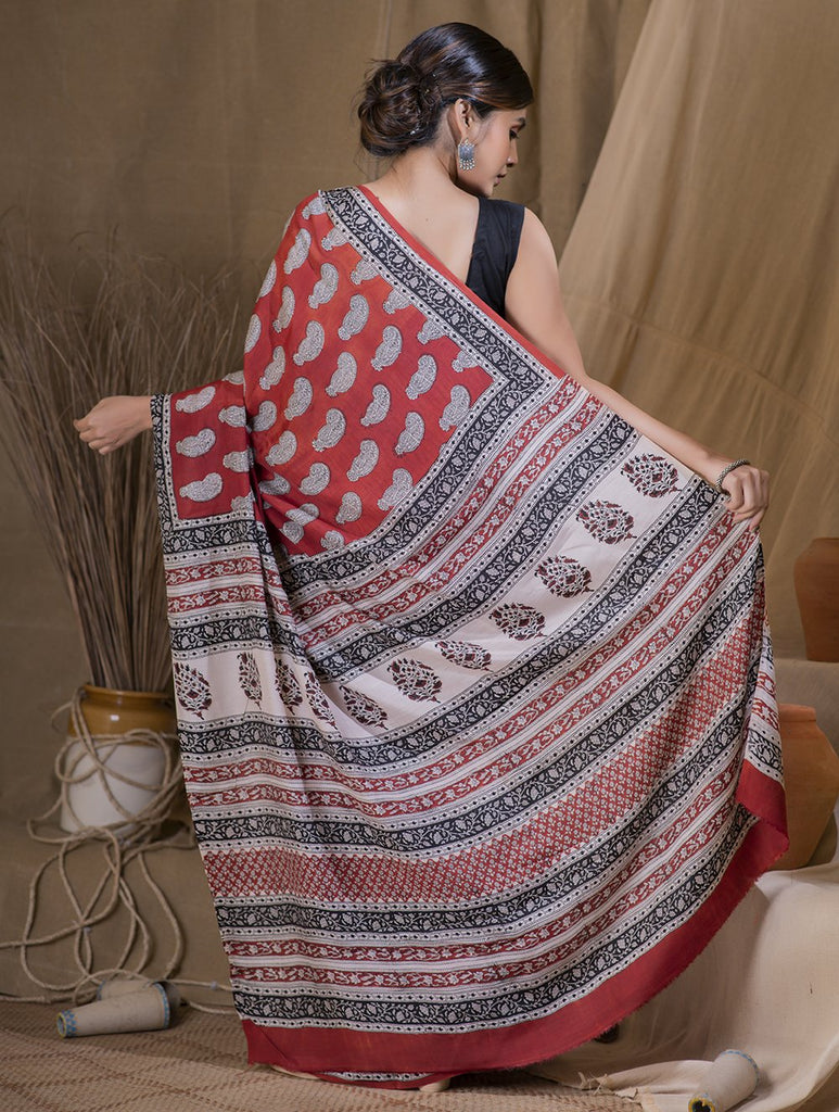 Soft & Flowing Bagru Block Printed Modal Silk Saree - Red Ambi (With Blouse Piece)
