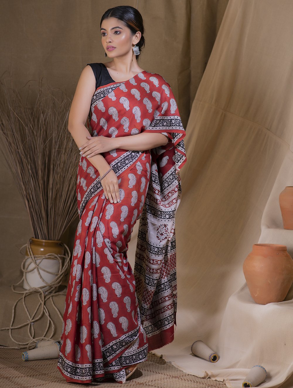 Exclusive Ajrakh naturally dyed modal silk saree – Soovos