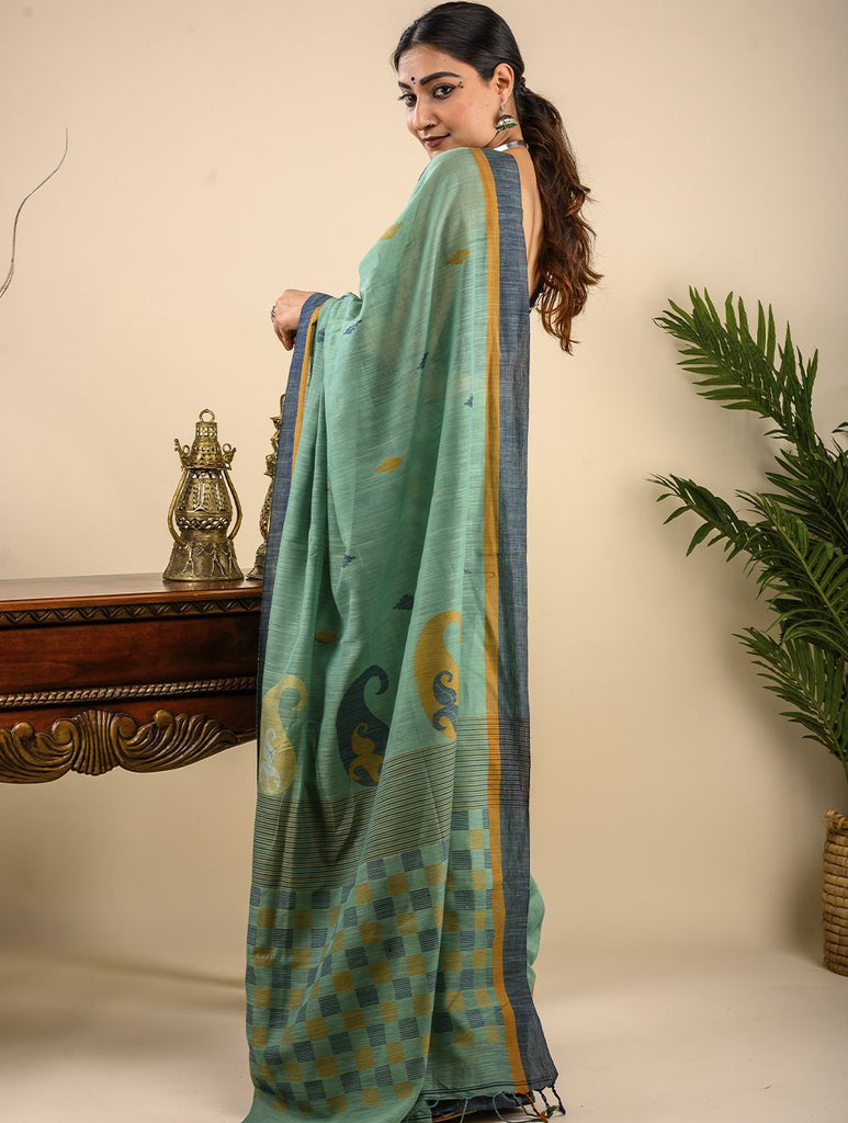Soft & Graceful. Pure Handwoven Khadi Cotton Jamdani Saree (With Blouse Piece)-Sea Green