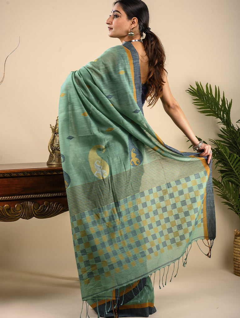Soft & Graceful. Pure Handwoven Khadi Cotton Jamdani Saree (With Blouse Piece)-Sea Green