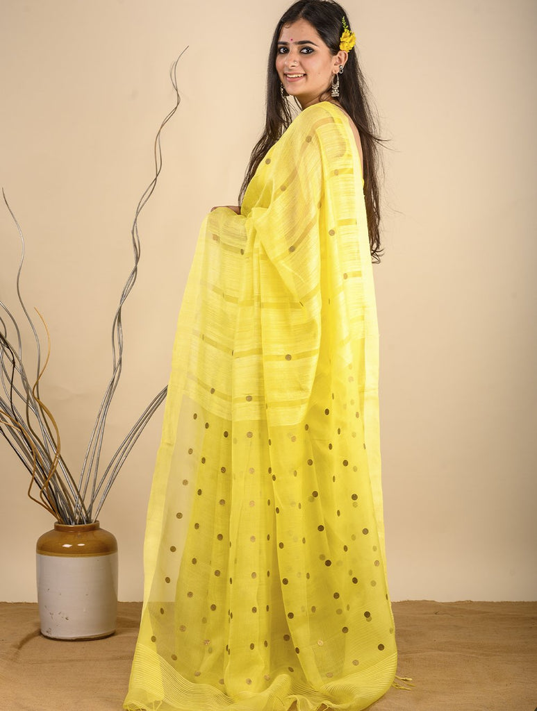 Soft & Graceful. Pure Handwoven Khadi Cotton Saree (With Blouse Piece) - Lemon Yellow with Large Gold Sequins