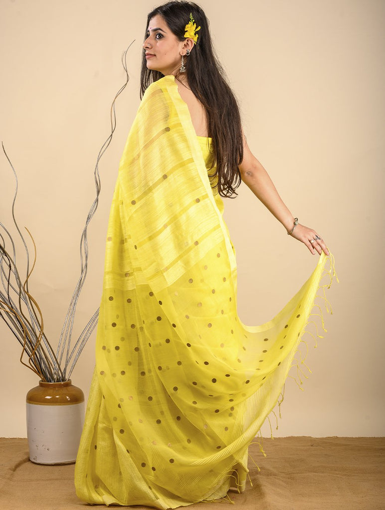 Soft & Graceful. Pure Handwoven Khadi Cotton Saree (With Blouse Piece) - Lemon Yellow with Large Gold Sequins