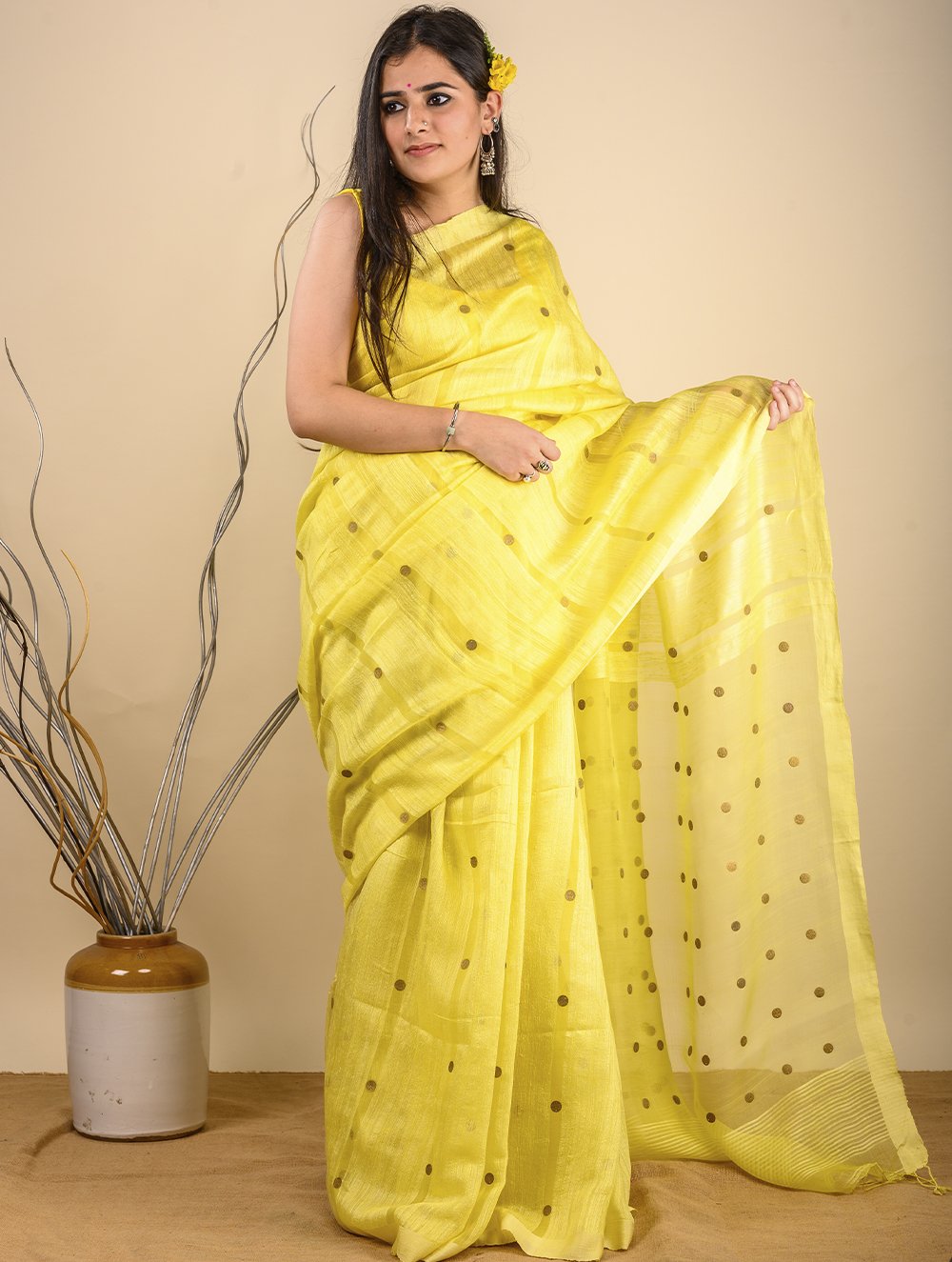 Load image into Gallery viewer, Soft &amp; Graceful. Pure Handwoven Khadi Cotton Saree (With Blouse Piece) - Lemon Yellow with Large Gold Sequins