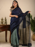 Soft & Graceful. Pure Handwoven Khadi Cotton Saree (With Blouse Piece) - Navy Blue & Soft Blue Patli