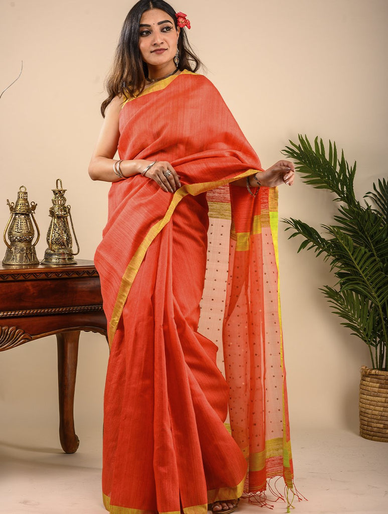 Soft & Graceful. Pure Handwoven Khadi Cotton Saree (With Blouse Piece) - Orange & Lime Green Sequin Pallu