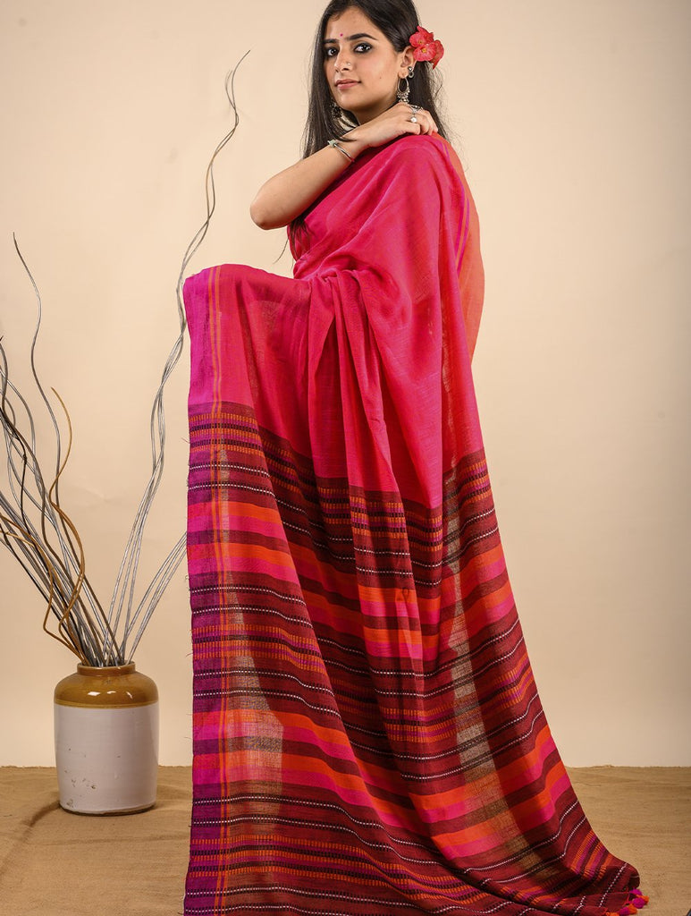 Soft & Graceful. Pure Handwoven Khadi Cotton Saree (With Blouse Piece) - Warm Pink