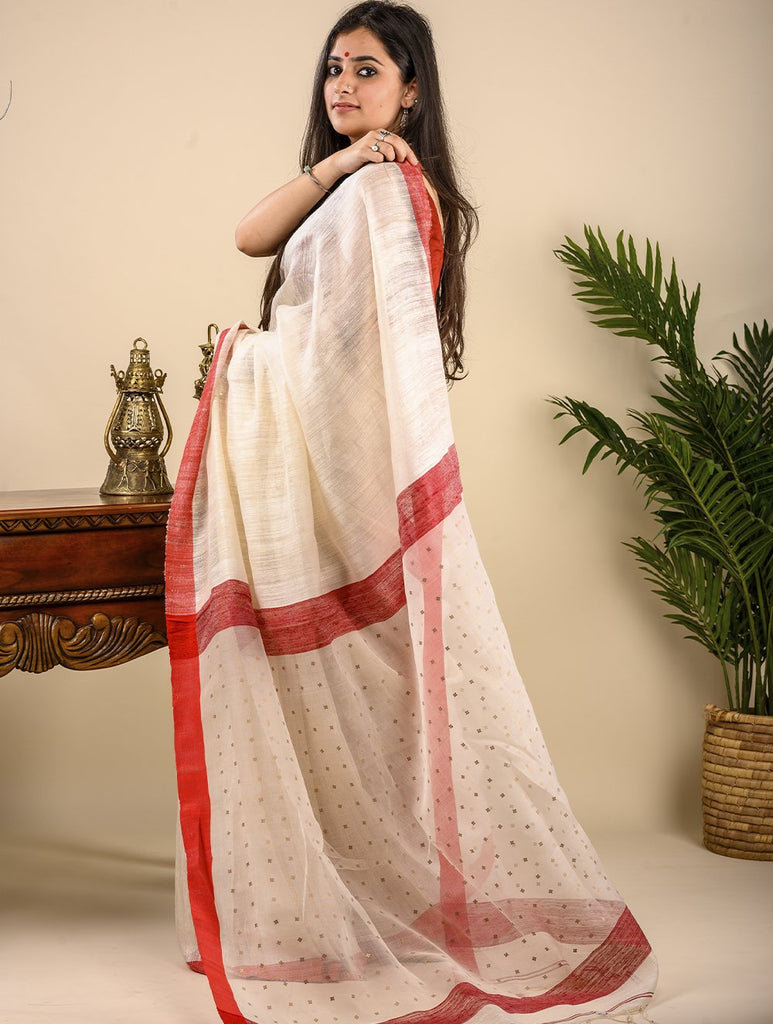 Soft & Graceful. Pure Handwoven Khadi Cotton Saree (With Blouse Piece) - White & Red Sequin Pallu