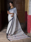 Soft & Graceful. Pure Handwoven Resham Cotton Saree (With Blouse Piece) - White & Black