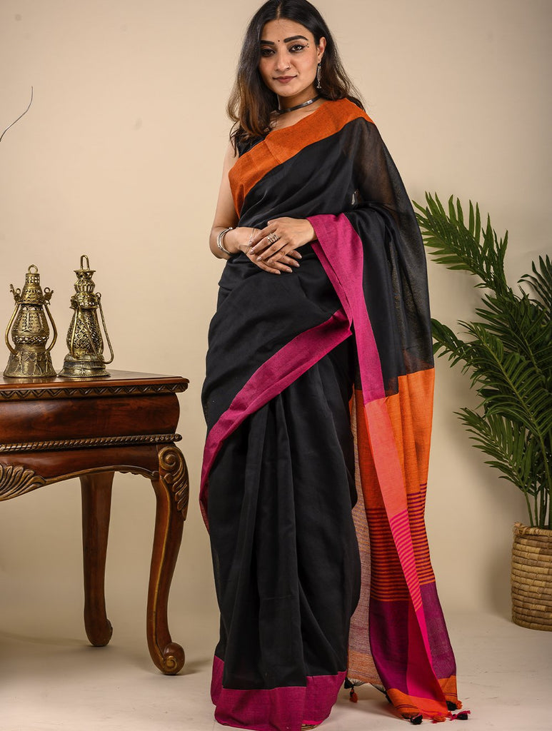 Soft & Striking. Pure Handwoven Linen Saree (With Blouse Piece) - Black Elegance