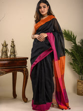 Load image into Gallery viewer, Soft &amp; Striking. Pure Handwoven Linen Saree (With Blouse Piece) - Black Elegance