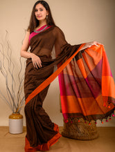 Load image into Gallery viewer, Soft &amp; Striking. Pure Handwoven Linen Saree (With Blouse Piece) - Brown Statement