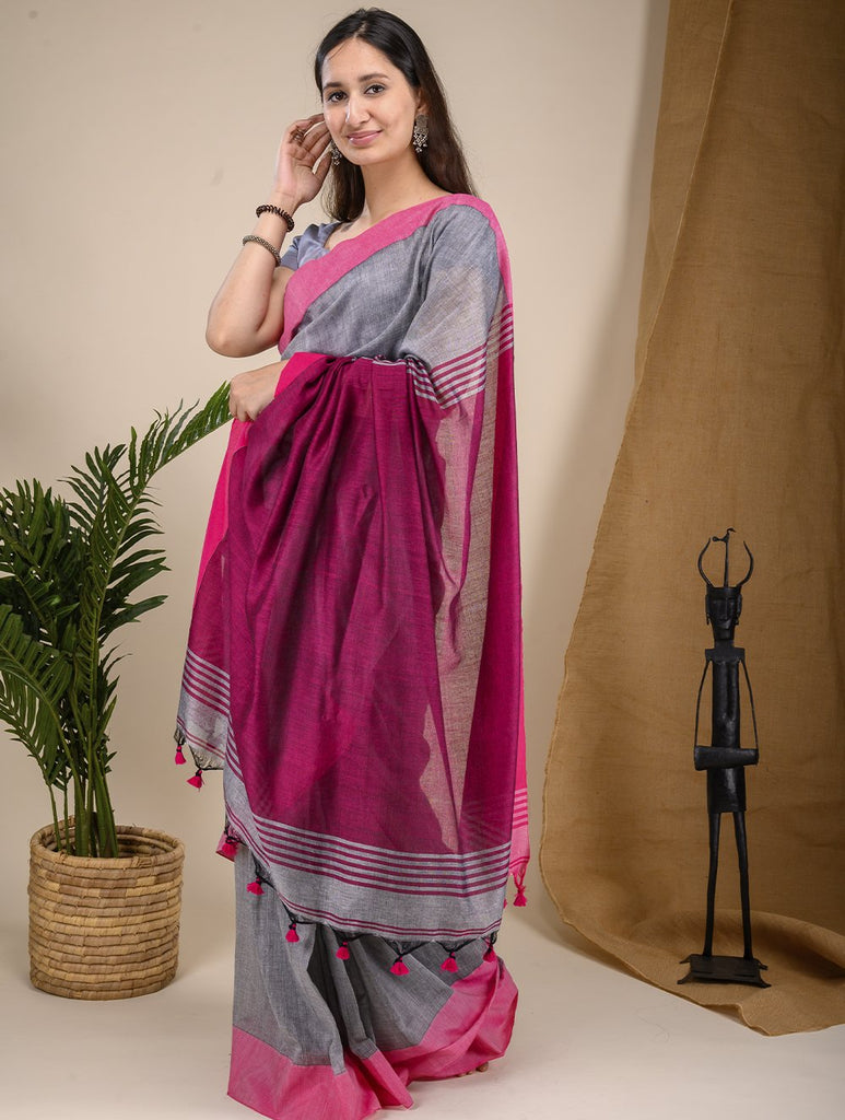 Soft & Striking. Pure Handwoven Linen Saree (With Blouse Piece) - Pearl Grey Charm
