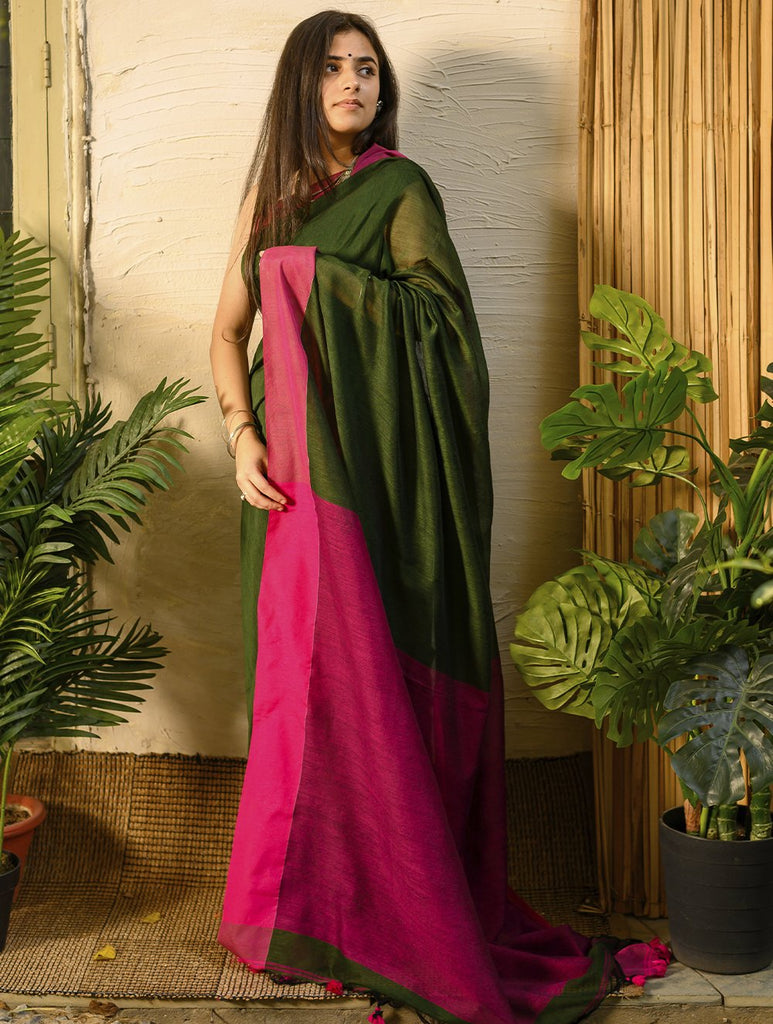 Soft & Striking. Pure Handwoven Linen Saree (With Blouse Piece) - Warm Green