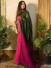 Load image into Gallery viewer, Soft &amp; Striking. Pure Handwoven Linen Saree (With Blouse Piece) - Warm Green