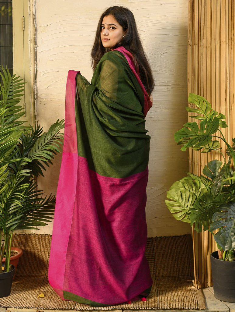 Soft & Striking. Pure Handwoven Linen Saree (With Blouse Piece) - Warm Green