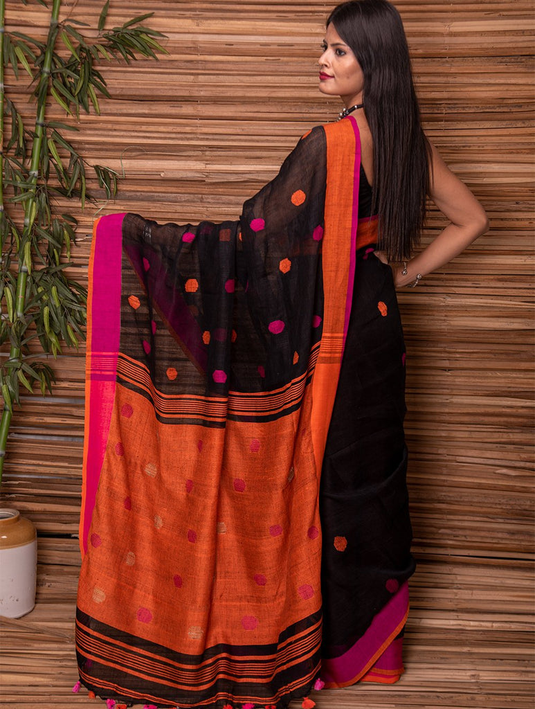 Striking & Vibrant. Pure Handwoven Linen Saree with Bootis (With Blouse Piece)