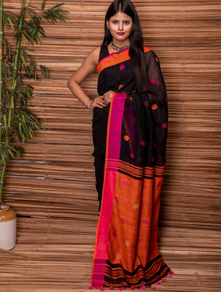 Striking & Vibrant. Pure Handwoven Linen Saree with Bootis (With Blouse Piece)