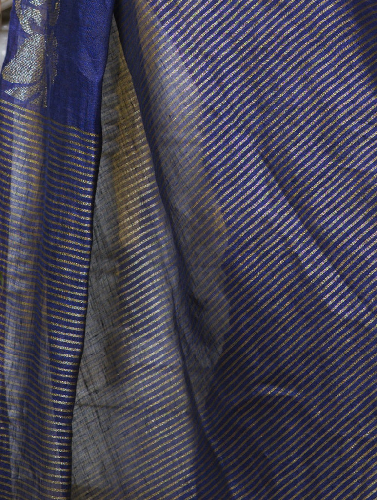 Stunning Beauty. Pure Linen Handwoven Jamdani Saree - Deep Blue (With Blouse Piece)