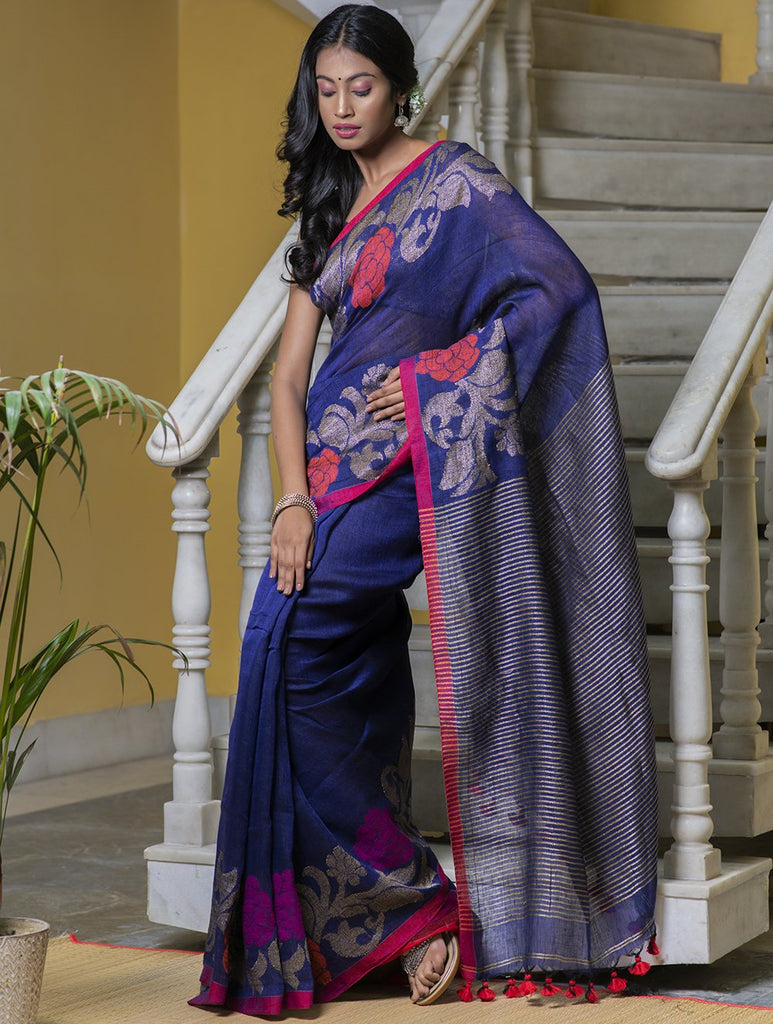 Stunning Beauty. Pure Linen Handwoven Jamdani Saree - Deep Blue (With Blouse Piece)