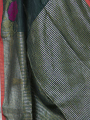 Stunning Beauty. Pure Linen Handwoven Jamdani Saree - Deep Green (With Blouse Piece)