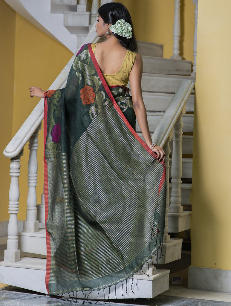 Stunning Beauty. Pure Linen Handwoven Jamdani Saree - Deep Green (With Blouse Piece)