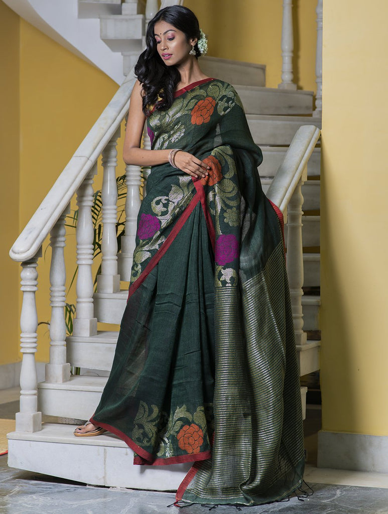 Stunning Beauty. Pure Linen Handwoven Jamdani Saree - Deep Green (With Blouse Piece)