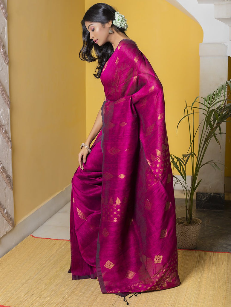 Stunning Beauty. Pure Linen Handwoven Jamdani Saree - Deep Pink & Gold (With Blouse Piece)