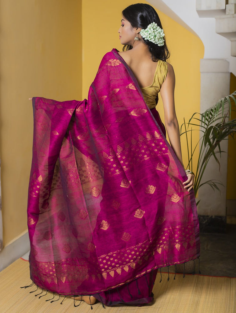 Stunning Beauty. Pure Linen Handwoven Jamdani Saree - Deep Pink & Gold (With Blouse Piece)