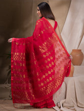 Load image into Gallery viewer, Stunning Beauty. Pure Linen Handwoven Jamdani Saree - Vibrant Red &amp; Gold (With Blouse Piece)