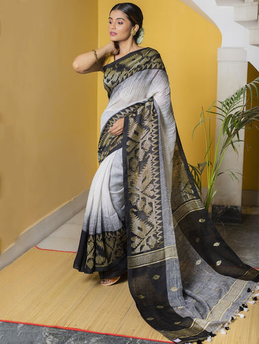 Stunning Beauty. Pure Linen Handwoven Jamdani Saree - White, Black & Gold (With Blouse Piece)
