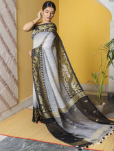 Load image into Gallery viewer, Stunning Beauty. Pure Linen Handwoven Jamdani Saree - White, Black &amp; Gold (With Blouse Piece)