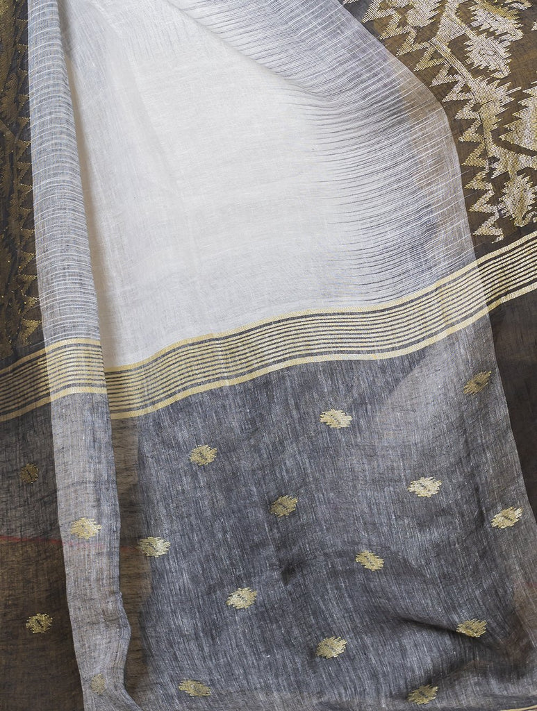 Stunning Beauty. Pure Linen Handwoven Jamdani Saree - White, Black & Gold (With Blouse Piece)