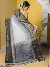 Load image into Gallery viewer, Stunning Beauty. Pure Linen Handwoven Jamdani Saree - White, Black &amp; Gold (With Blouse Piece)