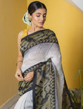 Stunning Beauty. Pure Linen Handwoven Jamdani Saree - White, Black & Gold (With Blouse Piece)