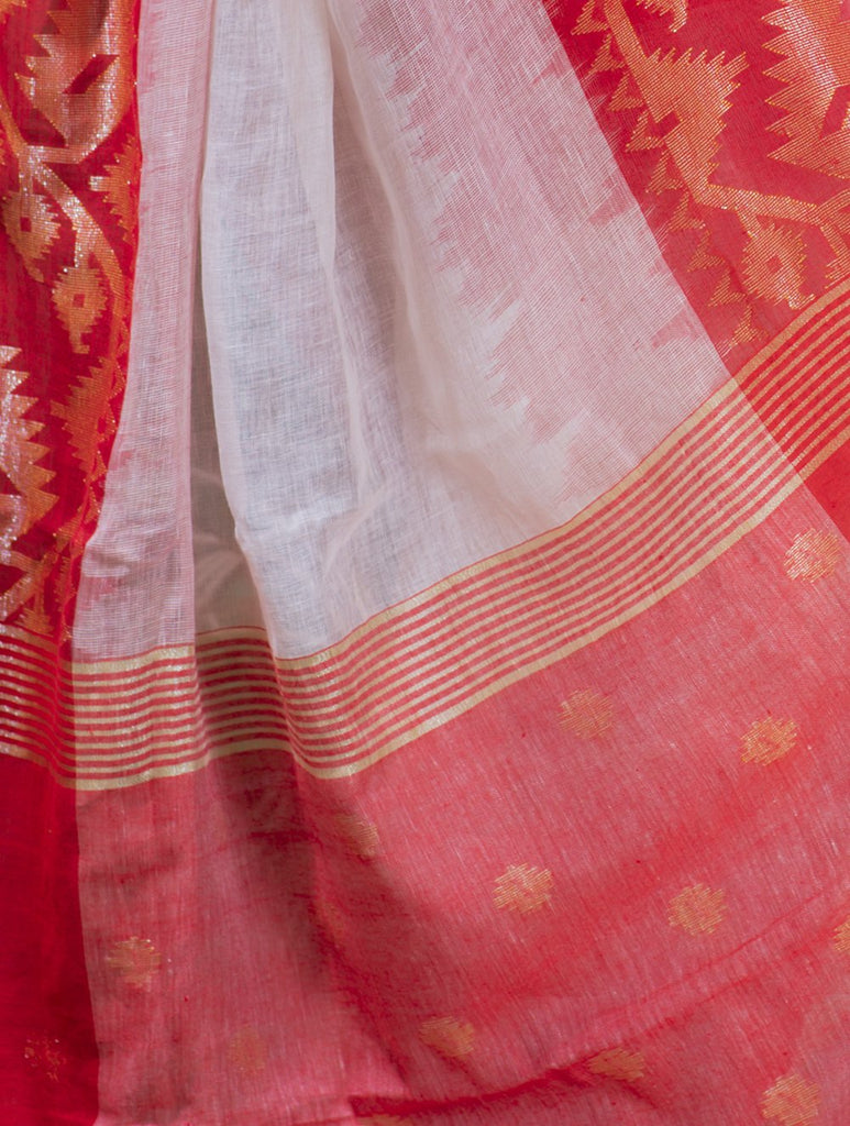Stunning Beauty. Pure Linen Handwoven Jamdani Saree - White, Red & Dull Gold (With Blouse Piece)