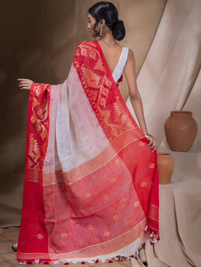 Stunning Beauty. Pure Linen Handwoven Jamdani Saree - White, Red & Dull Gold (With Blouse Piece)