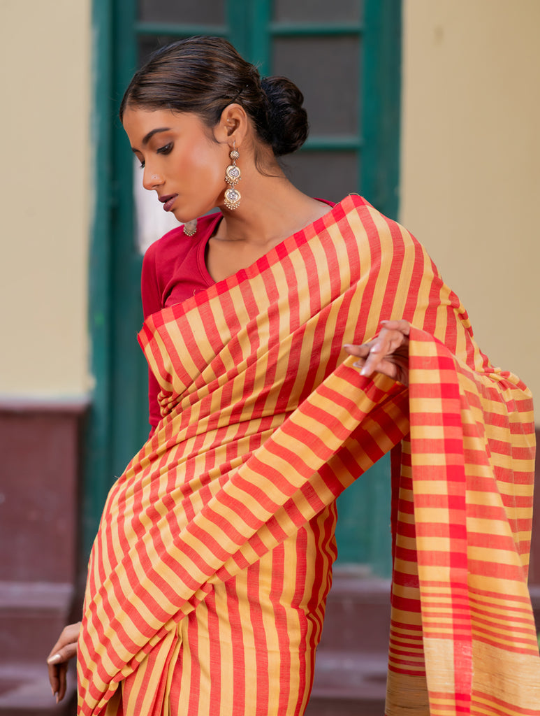 Stunning Stripes. Handwoven Bengal Khadi Cotton Saree 