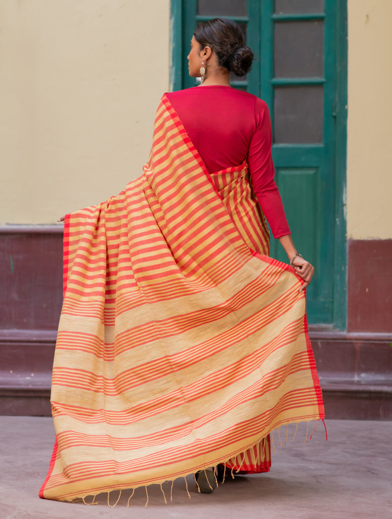 Stunning Stripes. Handwoven Bengal Khadi Cotton Saree 