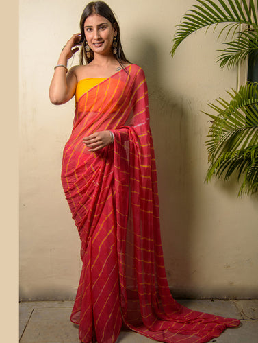 Summer Breeze - Lehariya, Georgette & Gota Saree - Deep Pink (With Blouse Piece)