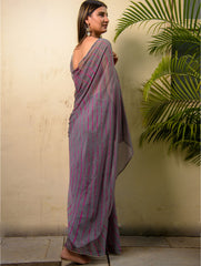Summer Breeze - Lehariya, Georgette & Gota Saree - Grey & Pink (With Blouse Piece)
