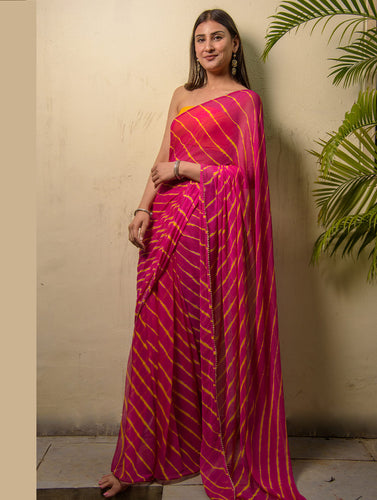 Summer Breeze - Lehariya, Georgette & Gota Saree - Magenta (With Blouse Piece)
