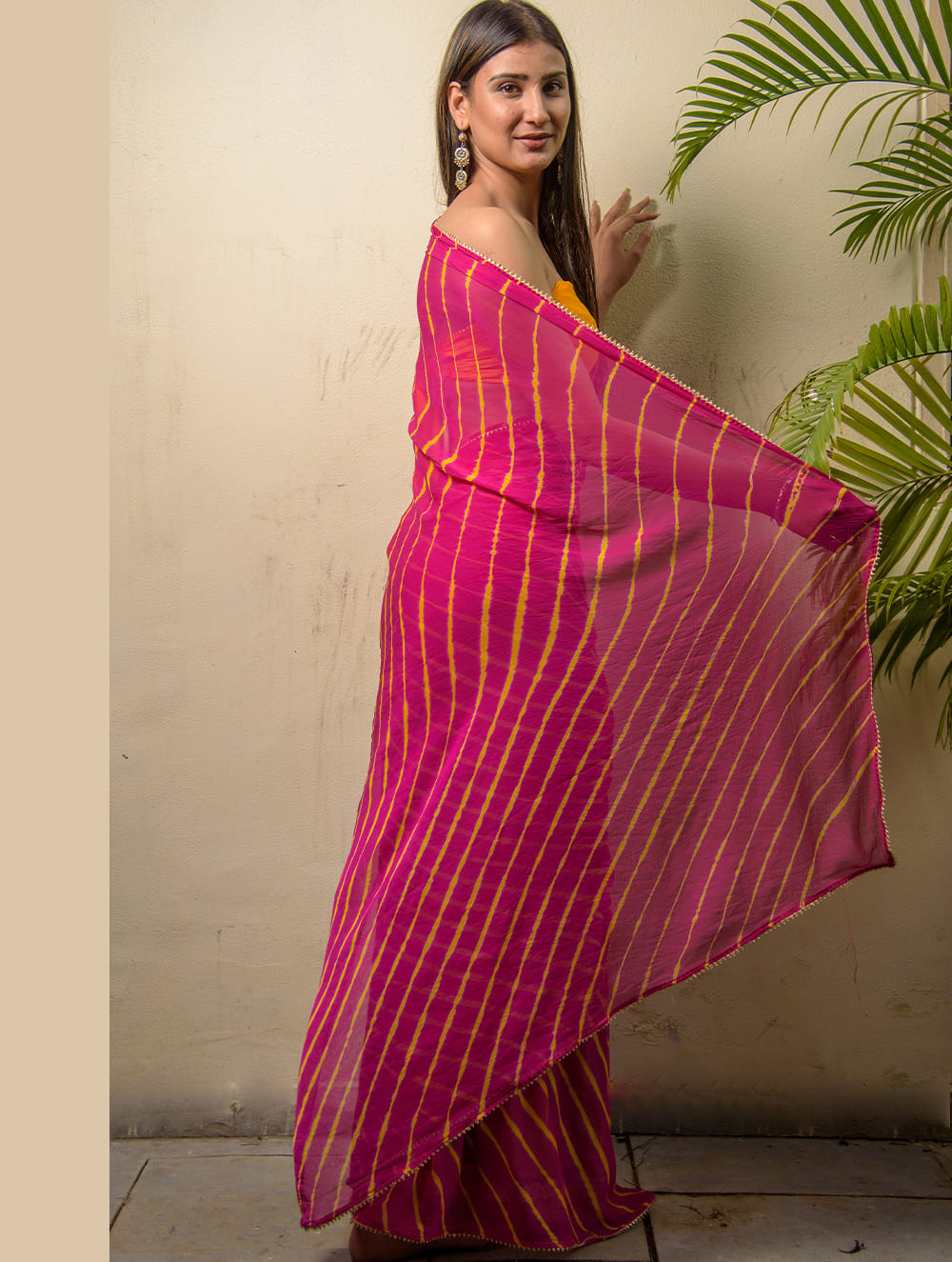 Summer Breeze - Lehariya, Georgette & Gota Saree - Magenta (With Blouse Piece)