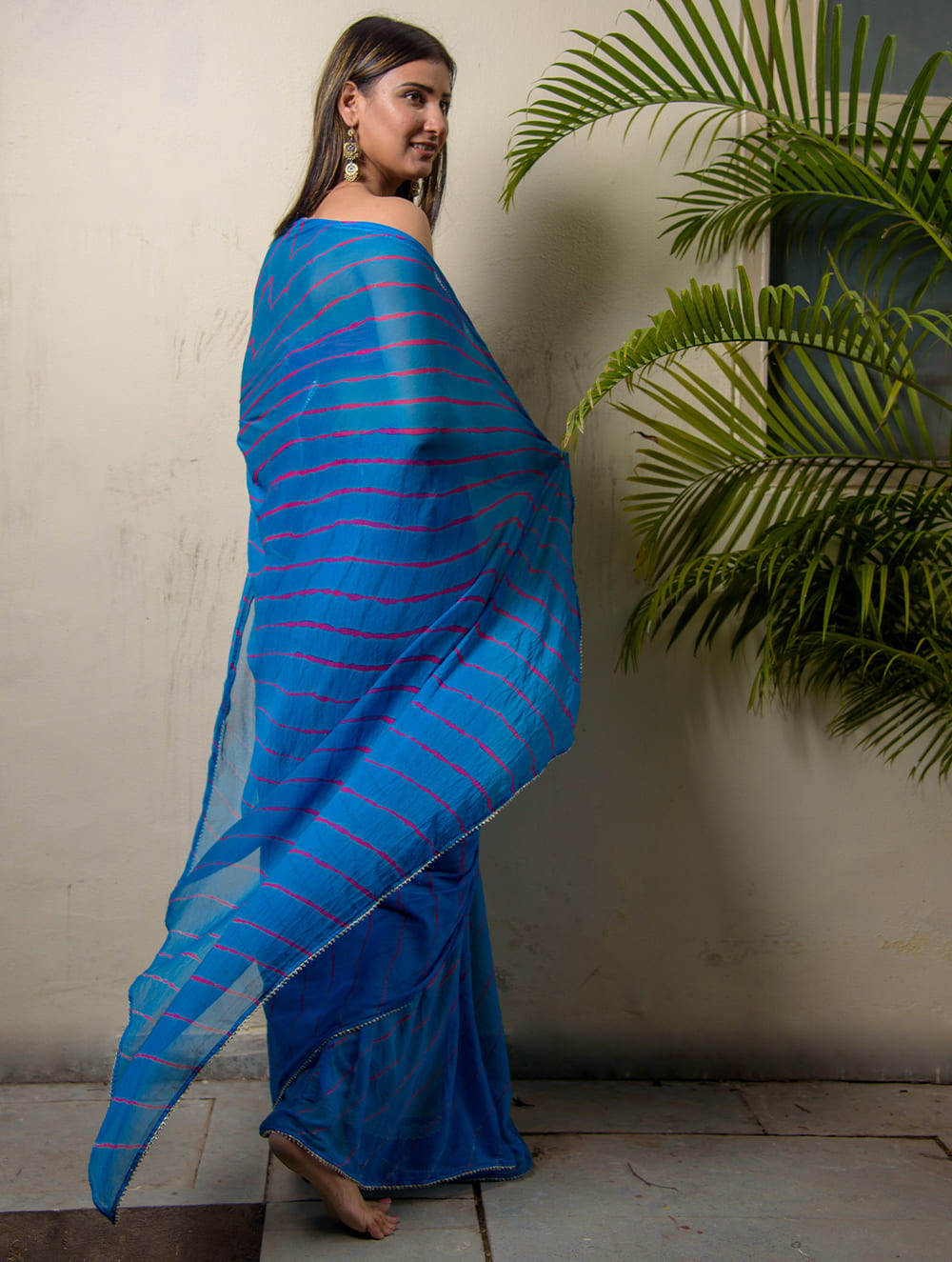 Load image into Gallery viewer, Summer Breeze - Lehariya, Georgette &amp; Gota Saree - Teal Blue (With Blouse Piece)