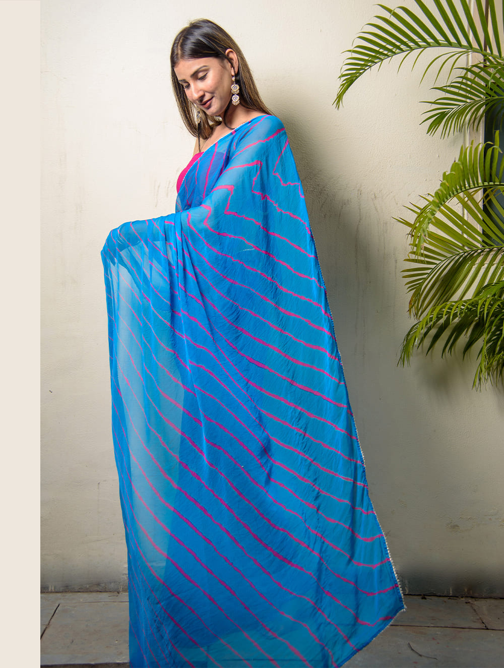 Summer Breeze - Lehariya, Georgette & Gota Saree - Teal Blue (With Blouse Piece)