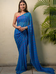 Summer Breeze - Lehariya, Georgette & Gota Saree - Teal Blue (With Blouse Piece)