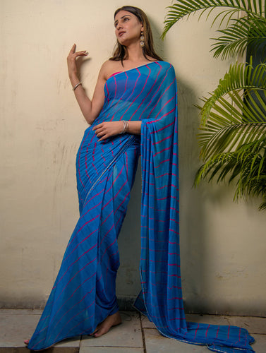 Summer Breeze - Lehariya, Georgette & Gota Saree - Teal Blue (With Blouse Piece)