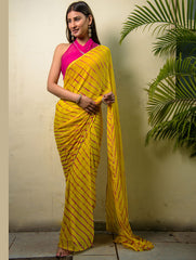 Summer Breeze - Lehariya, Georgette & Gota Saree - Yellow (With Blouse Piece)